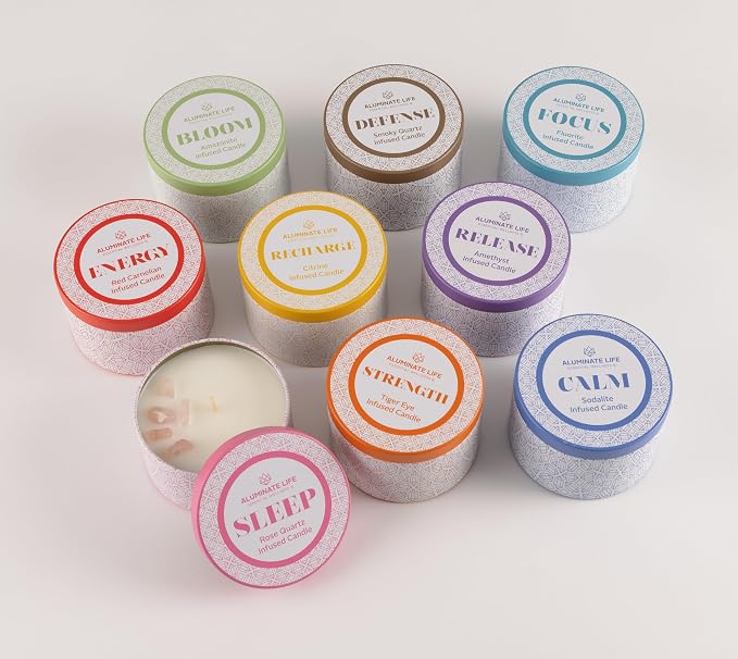 Luxury Candle Tin, 4 OZ, Energy - Red Carnelian Crystal Infused - Scents of Lemon, Grapefruit, & Bergamot - Passion, Confidence, & Vitality - Coconut Wax, Essential Oils, Dr. Developed