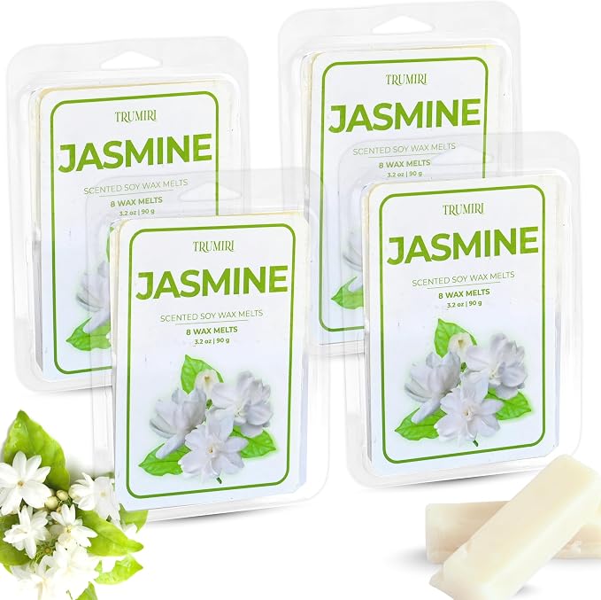 TRUMIRI Jasmine Scented Wax Melts - Made with Non Toxic Soy Wax and Essential Oils - Bulk Pack of 4 Total 32 Wax Melts - Long Lasting Strong Scent Pet Safe Floral Candle Wax Cubes Tarts for Warmers