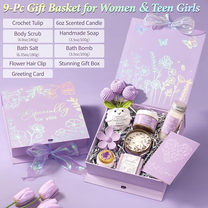 Spa Gifts for Women Bath Gift Set, Lavender Relaxing Spa Gift Baskets Home Bath Set Self Care Kit Care Package Thank You Birthday Mothers Day Easter Gifts for Women Mom Friends Sister Teen Girl Wife
