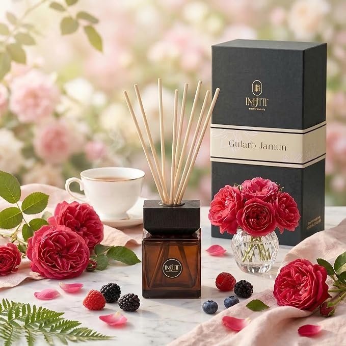 Gulab Jamun by Imjitt - Authentic Thai Botanical Aroma Diffuser with Turkish Rose and White Tea Notes, Featuring Luxury Reed diffusers for Home to Create a Welcoming, Long-Lasting Ambient Scent