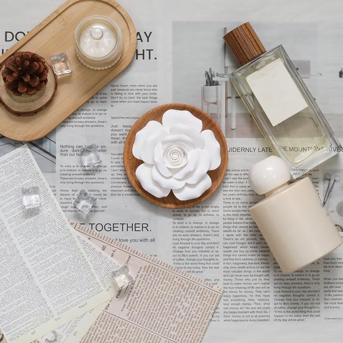 Handmade Flower Rose Ceramic Essential Oil Mini Diffuser, Non-Electric Passive Aromatherapy Diffuser, Decorative Diffusers for Desk/Office/Home Room/Gift (Wooden Pallet)