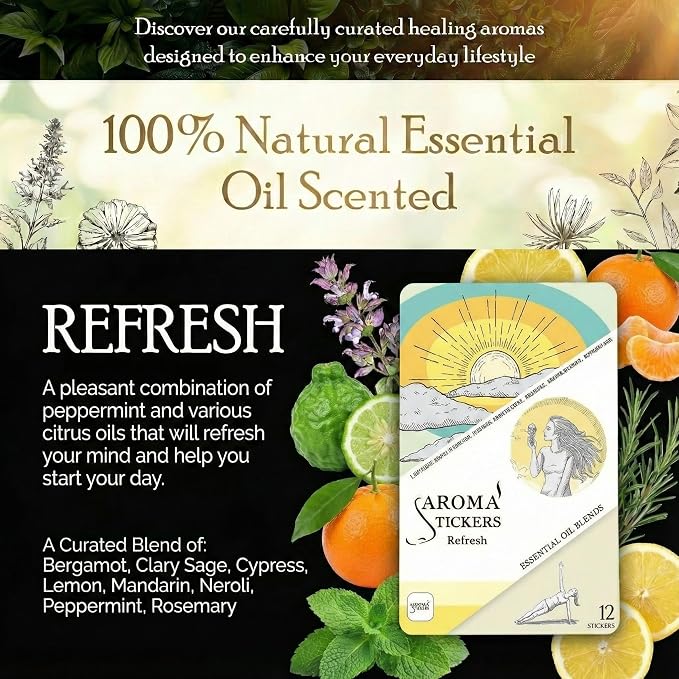 AROMA STICKERS® Original Blend Refresh Edition- 100% Natural Essential Oil Scented Mask Stickers for Face Mask & Pillow (12 Stickers/pc) -Personal Aroma/Relaxing (Pack of 1)