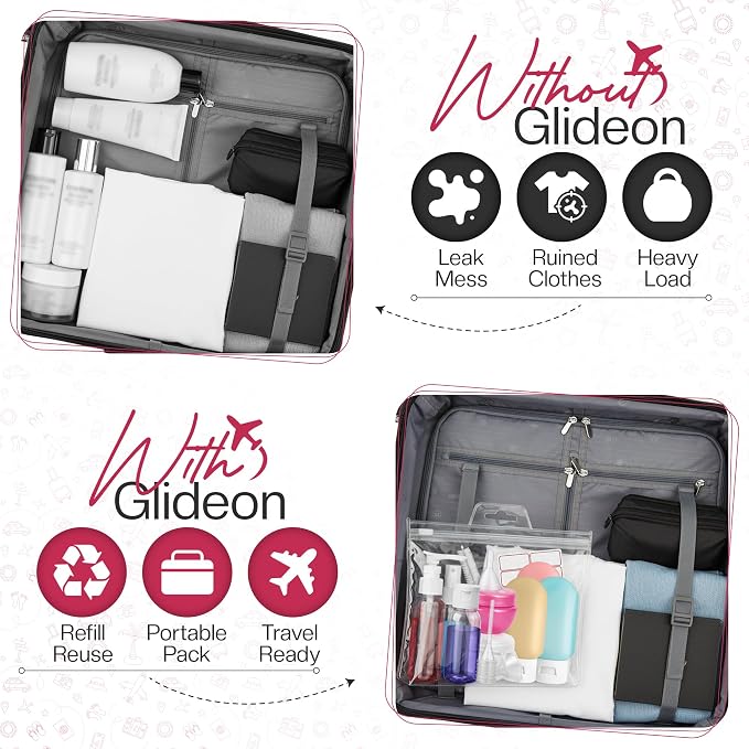 16 Pack Travel Bottles - Travel Essentials for Toiletries - TSA Approved Size - Empty Plastic Bottles with Sticker Sheet, Funnels, Spray Bottle & Carry Bag - For Shampoo, Lotion, Oil & Sanitizer