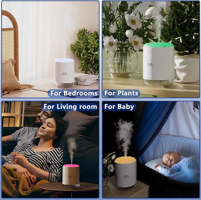 SZO Portable Mini Humidifier, 500ML USB Personal Cool Mist Humidifiers for Bedroom Office Travel Desk, Whisper Quiet 20dB with 2 Mist Modes & Auto Shut-Off, Small Desktop Humidifier（WSQ02 white）