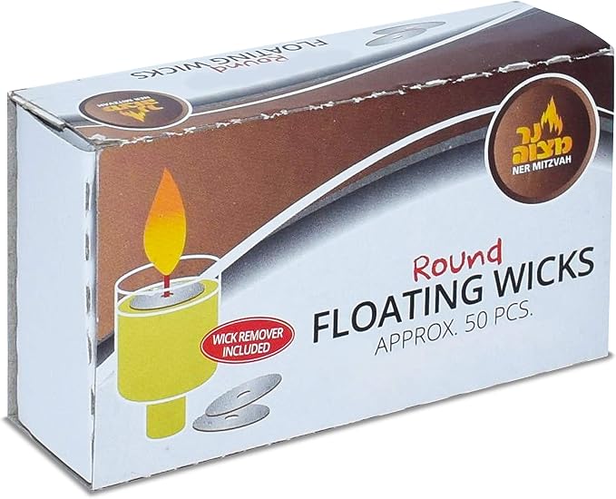 Ner Mitzvah Round Floating Wicks - 50 Count (Approx.), Cotton Wicks and Cork Disc Holders for Oil Cups - Bonus Wick Removal Tweezers