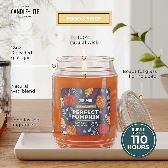 Candle-lite Halloween Scented Candles, Perfect Pumpkin, 18 oz Jar, Proudly Poured in The USA, Aromatherapy Candle, Single-Wick with 110 Hours of Burn Time, Perfect for Creating an Inviting Ambiance