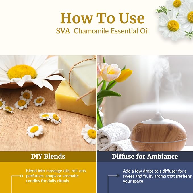 SVA Chamomile Essential Oil – 1 Fl Oz – 100% Natural Chamomile Oil - for Diffuser, Hair Care, Face, Skin Care, Aromatherapy, Scalp and Body Massage, Soap and Candle Making – with Dropper