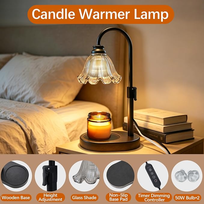 Candle Warmer Lamp with Timer Dimmable, Adjustable Candle Warmer Lamp for Jar Candles 3-Wick, Flameless Smokeless Candle Heater with 2 Bulbs, Home Decor Birthday Mothers Day for Women Mom (BLACK)