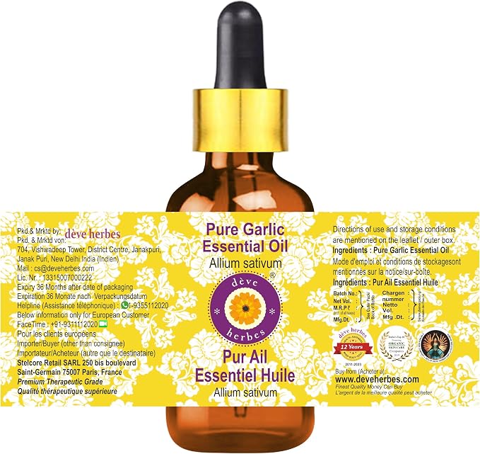 Deve Herbes Pure Garlic Essential Oil (Allium sativum) with Glass Dropper Steam Distilled 30ml (1 oz)