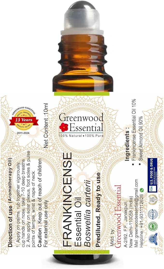 Greenwood Essential Frankincense Essential Oil (Boswellia carterii) Pre Diluted Ready to Use Roll-on Blend for Aromatherapy and Topical Skin Application for Kids and Adults 10ml (0.33 oz)