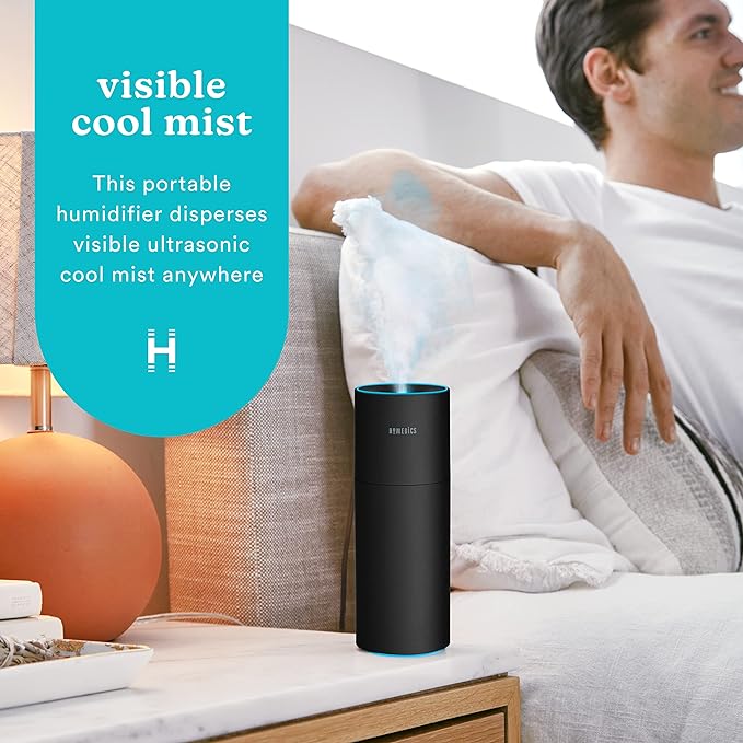 Homedics Portable Humidifier - Small Air Humidifiers for Bedroom, Plants, Office, Travel - Cool Mist Humidifiers, Color-Changing Accent Light, 2 Mist Settings, Matte Black