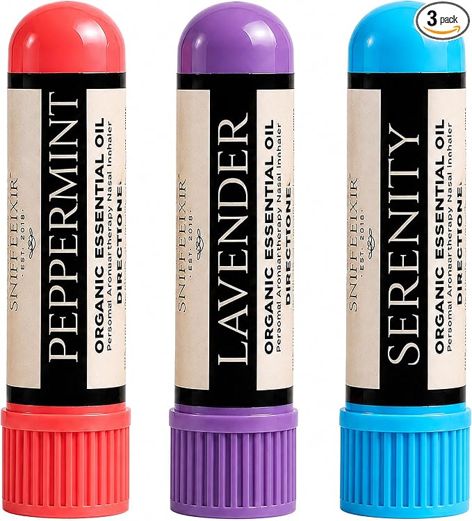 Stress Relief, Migraine & Sleep Aid Essential Oil Aromatherapy Nasal Stick Inhaler - Self Care Gifts 3-Pack, Peppermint Lavender Citrus, Made with Organic Essential Oils