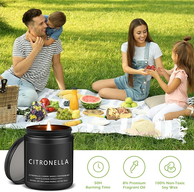 Citronella Candles Outdoor, Scented Candles Soy Jar Candle for Outdoor Patio Indoor Home Scented - Citronella/Lemon Eucalyptus/Lemongrass/Sage & Citrus, Gifts for Father Dad & Men (7oz - 4 Pack)