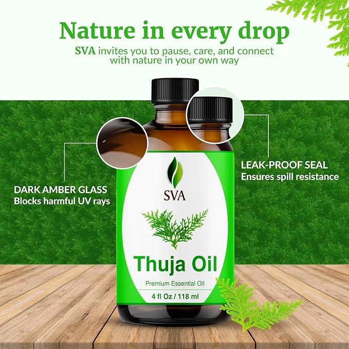 SVA Thuja Essential Oil – 4 Fl Oz – 100% Natural Thuja Oil - for Diffuser, Hair Care, Face, Skin Care, Aromatherapy, Scalp and Body Massage, Soap and Candle Making – with Dropper