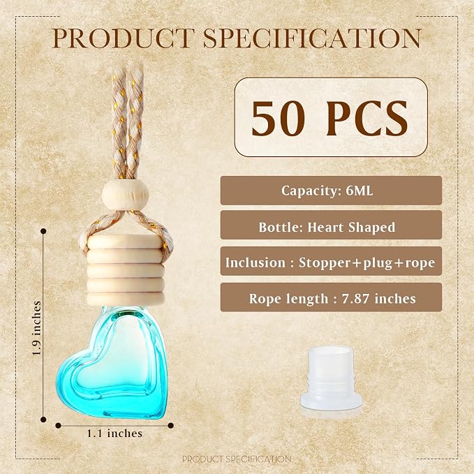 50 Pcs 6ml Hanging Car Diffuser Bottle Empty Glass Perfume Air Freshener Heart Love Vials Diffuser Pendant Wedding Essential Oil Fragrance Aromatherapy Ornament (Multicolor)