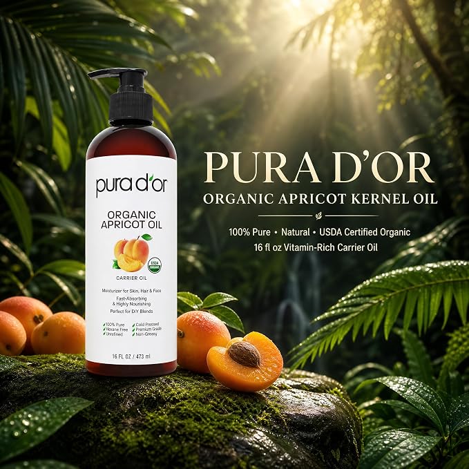 PURA D'OR ORGANIC Apricot Kernel Oil (16 Oz) 100% Pure & Natural USDA Certified