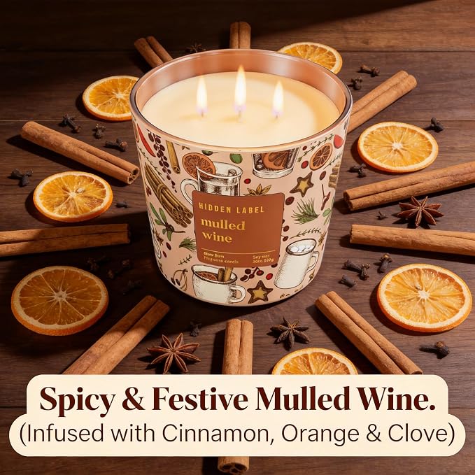 Hidden Label Mulled Wine Scented Candle for Home, 30oz Large 3 Wick Soy Candle, 100H Long Lasting, Cinnamon Orange Clove, Non-Toxic Clean Burn, Christmas Winter Gifts for Women, Holiday Gift