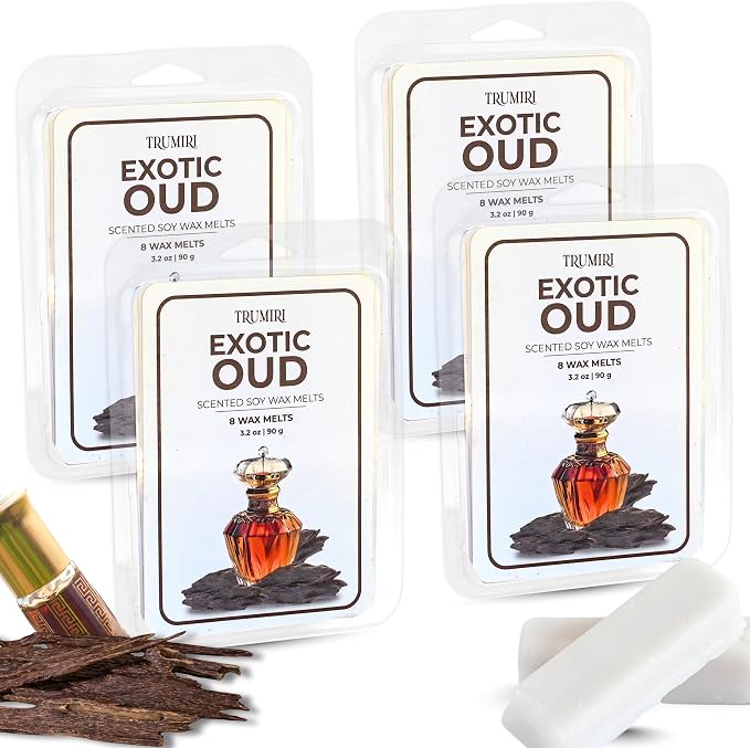 TRUMIRI Exotic Oud Scented Wax Melts - Made with Non Toxic Soy Wax and Essential Oils - Long Lasting Strong Scent for Men Candle Wax Cubes Tarts for Warmers Pack of 4