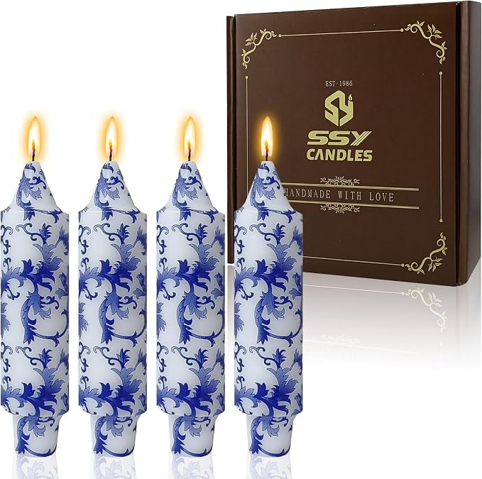 5 Inch Blue and White Tapered Candles Short Floral Candlesticks Hand Poured Unscented Smokeless Porcelain Candles for Dining Everyday Meals Family Dinner Elegance Blue White Porcelain Style