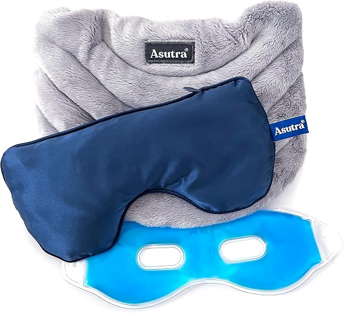 ASUTRA Navy Silk Eye Pillow and Plush Gray Weighted Neck Wrap Bundle Set, 2 Products - Weighted Eye Mask Filled w/Lavender & Flax Seeds, Hands-Free Microwaveable Heat Pad and Cooling Neck Wrap