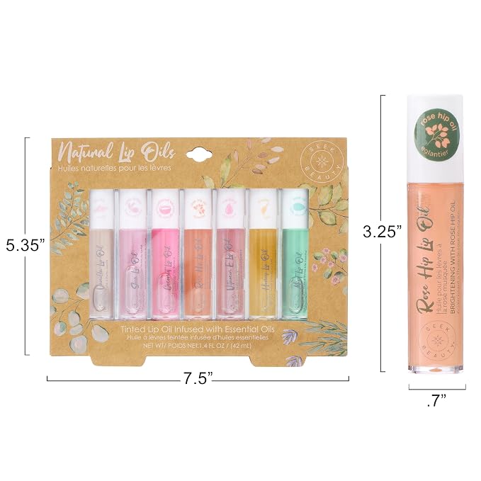 EXPRESSIONS 7pc Natural High Shine Tinted Lip Oil Set – Hydrating Roll-On Rollerball Lip Oils Infused with Essential Oils | Vitamin Enriched Lip Glow Oil for Women – Glossy & Nourishing