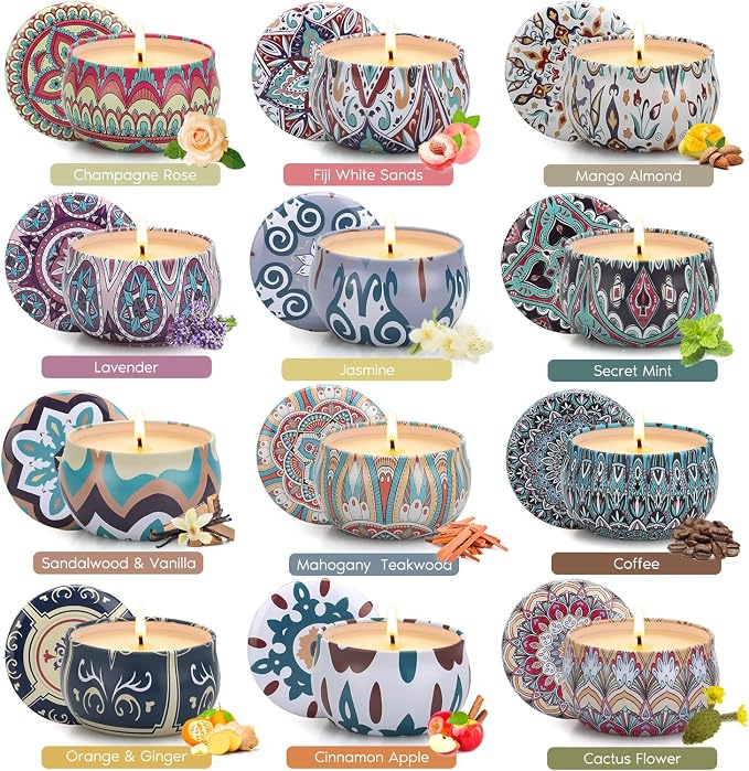 Scented Candles Gift Set, 12 Pack Soy Wax Scented Candles for Home, 12 Fragrances, Up to 300-Hour Burn, Aromatherapy Candle Gift Set, Gifts for Women