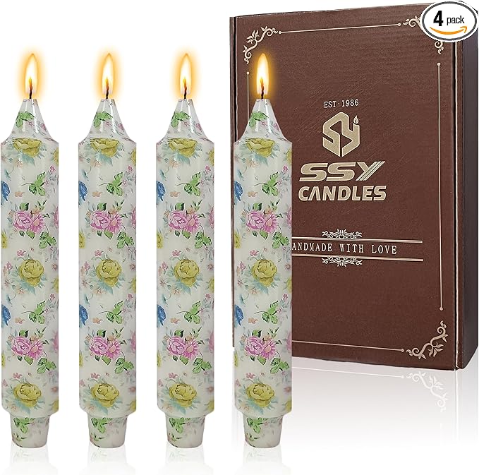 7 inch Short Candle Floral Candle Sticks Printed Candlestick Handmade Unscented Taper Candle 4 pcs Blue Flower Tapered Candles for Home Dinner Wedding Holiday