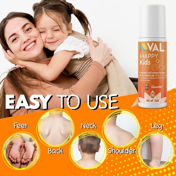VAL Happy Kids Unscented Magnesium Roll-On, Relaxation & Calm Formula for Kids, Zechstein® Magnesium with Chamomile & Shea Butter, Fragrance-Free, 3 oz