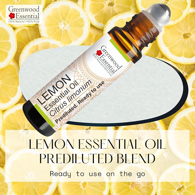 Greenwood Essential Lemon Essential Oil (Citrus limonum) Pre Diluted Ready to Use Roll-on Blend for Aromatherapy and Topical Skin Application for Kids and Adults 10ml (0.33 oz)