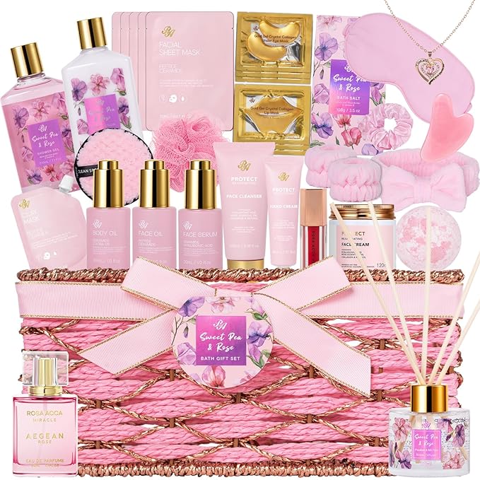 35 Pcs Mothers Day Gifts for Mom, Rose Bath & Body Gift Basket for Women, Facial Skin Care Set, Self Care Pampering Kit, Face Sheet Mask, Home Spa Basket, Anniversary, Wife, Birthday, Bridal Shower
