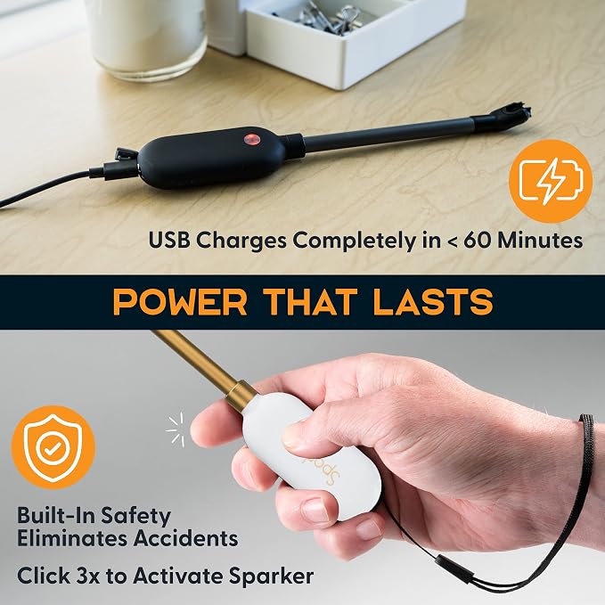 Power Practical Candle Lighter Sparkr USB Rechargeable Electric Lighter w/Plasma Technology & Extra Long Wand, Flameless Lighters for Candles, Camping, Cooking, Black