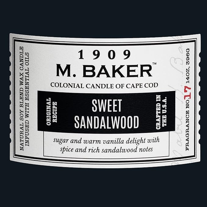 Colonial Candle Sweet Sandalwood Scented Jar Candle | 2-Wick Natural Soy Blend Wax Candle for Home | Relaxing Aromatherapy Candle Infused with Essential Oils | M. Baker Apothecary Glass Jar Candle