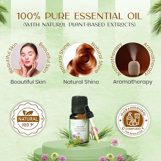 My ACE Lemongrass Essential Oil 0.33 Fl Oz - Pure & Natural - Premium Grade for Aromatherapy, Diffuser, Skin, Hair, Massage, Candle & Soap Making, Home - Glass Bottle with Dropper - Long Lasting Scent