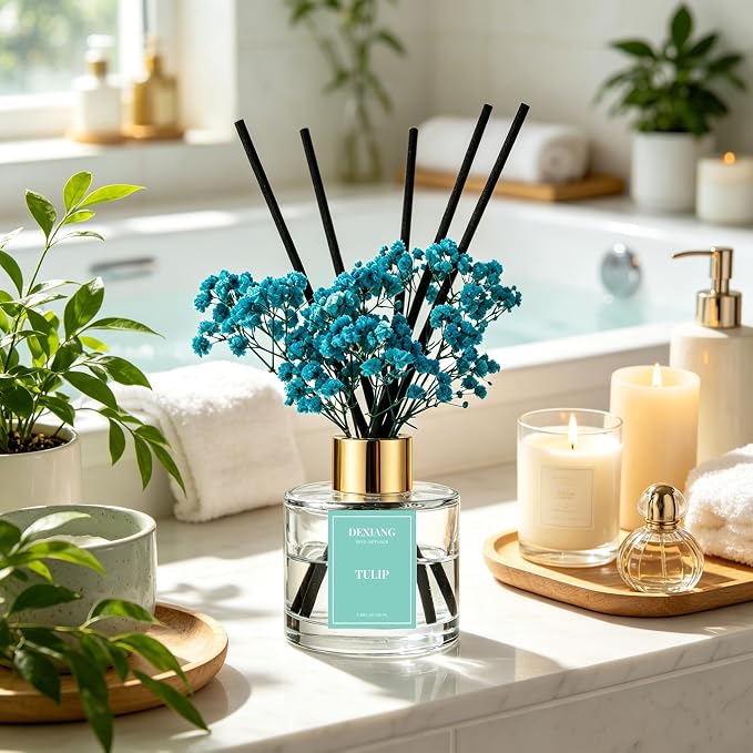 Reed Diffuser Set, 3.38 fl oz (100ml) Tulip Scent Oil Diffuser with 6 Reed Sticks, Natural Home Fragrance Reed Diffuser for Bathroom, Bedroom, Living Room Shelf Decor