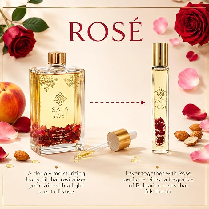 SAFA Rosé Organic Rose Oil Perfume Roller | Bulgarian Damask & Indian Rose Petals | 10 mL Long Lasting Perfume Oil for Women & Men | Non-Toxic, Alcohol-Free & Travel Friendly