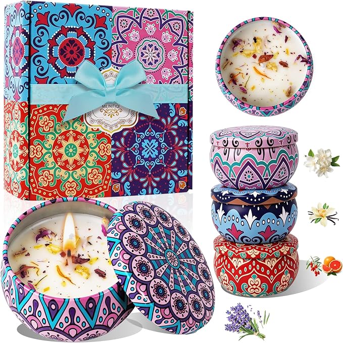 4 Pack Scented Candles for Women Gift- 8% Essential Oil Aromatherapy Candle Set, 50H Long Lasting Natural Soy Wax Candles, Travel Tin Gift Box for Stress Relief Spa Yoga Birthday Housewarming