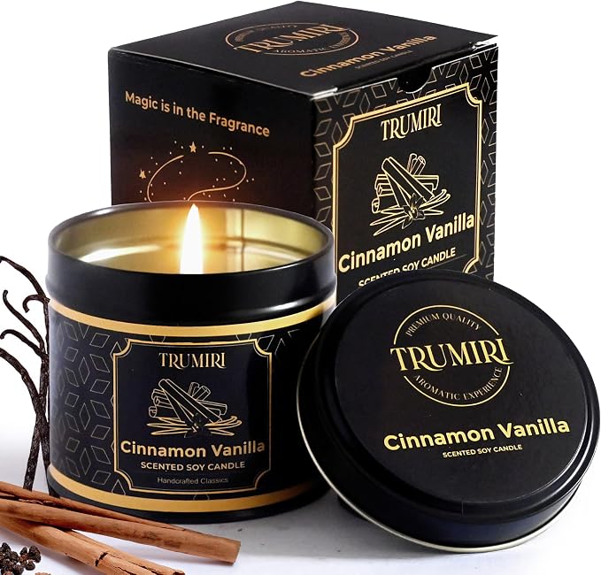 Vanilla Candle with Cinnamon Strong Scented Soy Candel Natural Non Toxic Velas Aromáticas for Women Gift for Fall Christmas Holidays Pack of 1 5Oz Decorartive Travel Tin