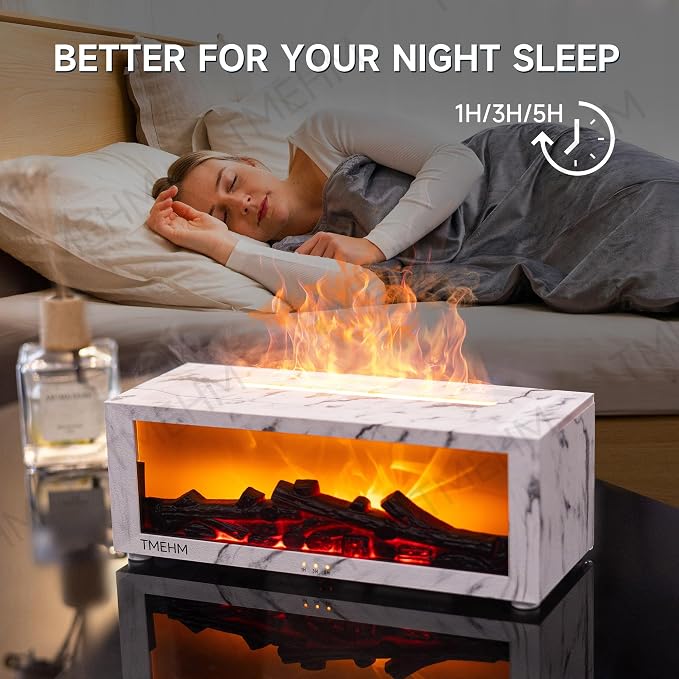 TMEHM Fireplace Flame Air Diffuser Humidifier,7 Colors Aromatherapy Essential Oil Diffuser,Ultrasonic with Timer for Home,Bedroom,Office,Yoga (White Marble)