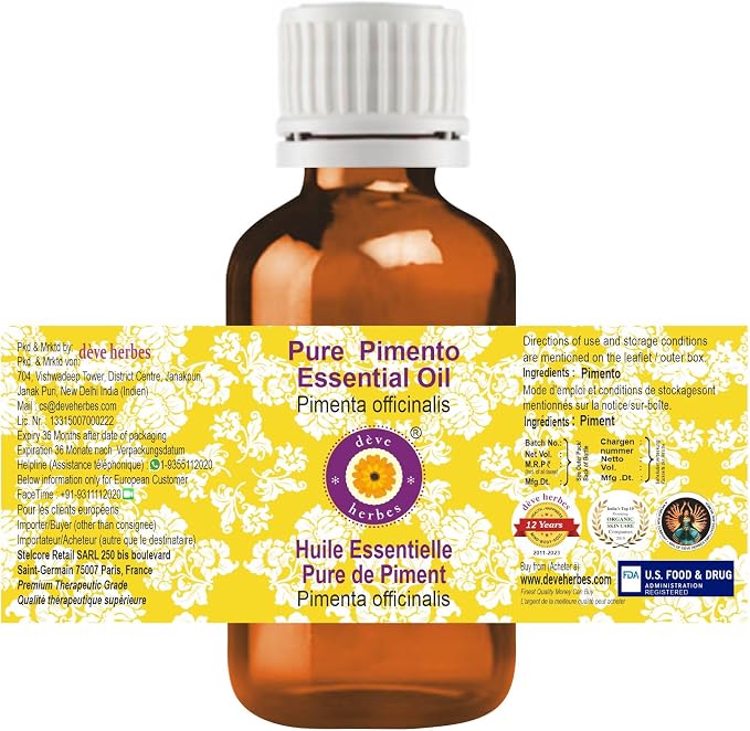 Deve Herbes Pure Pimento Essential Oil (Pimenta officinalis) Steam Distilled 10ml (0.33 oz)