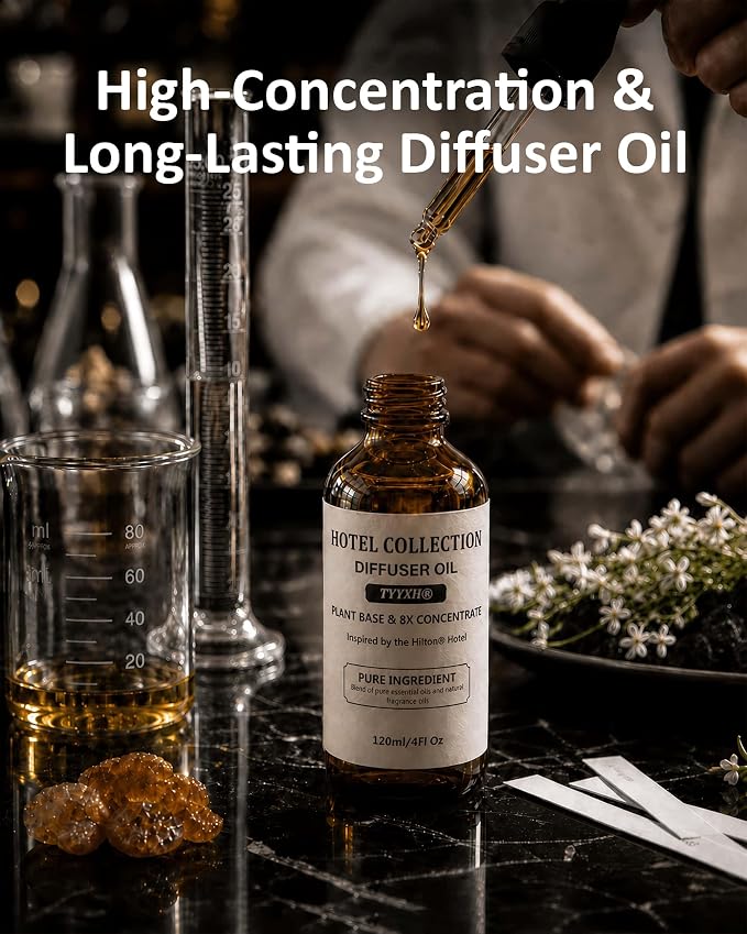 Hotel Diffuser Oil Inspired by Hilton Hotel – Fragrance & Essential Oil Blend for Waterless & Cold Air Diffusers – Floral, Lemon, Cedar – Long-Lasting Aroma – Aromatherapy, Home – 4 Fl Oz Glass Bottle