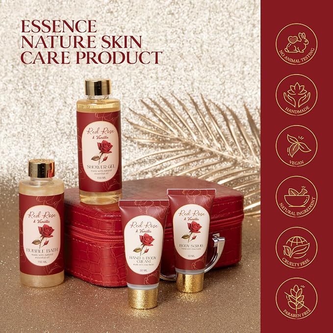 Spa Gift for Women, Red Rose Vanilla Bath and Body Basket Gift Cosmetic Bag | Face Skin Care Kit, Home Spa Self Care, Makeup, Birthday, Christmas, Mother, Bridal Shower Spa Kit for Teenage, Daughter Gift