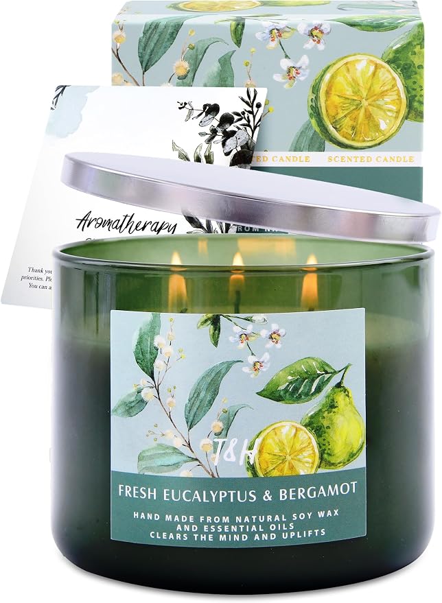 Eucalyptus Bergamot 3 Wick Candle for Home Scented | 15.8 oz Large Soy Candle | Spa Aromatherapy Candles for Home Stress Relief Relaxation | Clean Burn | Gift for Women & Men Housewarming