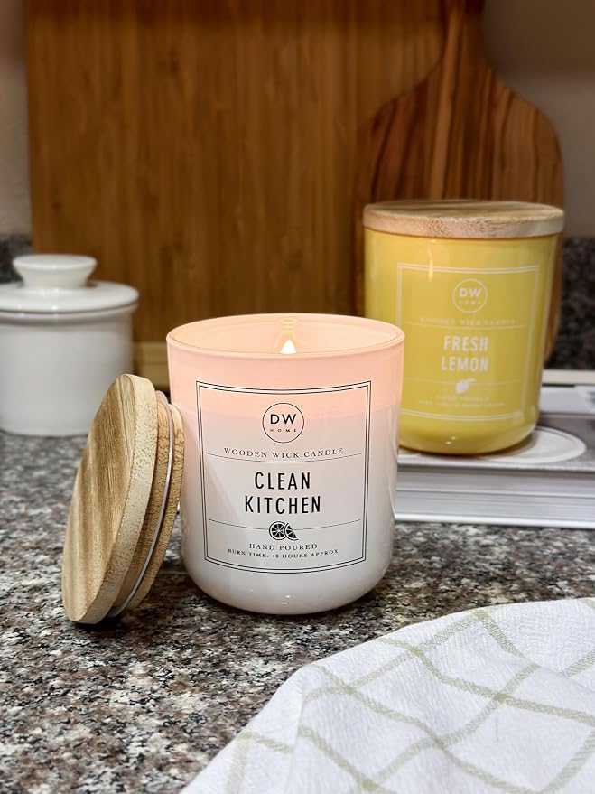Clean Kitchen Candle by DW Home - Hand Poured Wooden Wick Scented Candle, Refreshing Lemon and Lime Fragrance, 40-Hour Burn Time, Eco-Friendly Design
