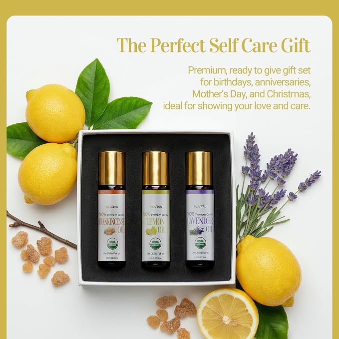 3PC Essential Oils Gift Set - Frankincense Lemon Lavender - Pure 100% USDA Organic - Skin Scalp Hairline Roots Nails Breathwork - Temple Chest Wrist - Natural Stone Roller Amber Glass Bottle Gift Box