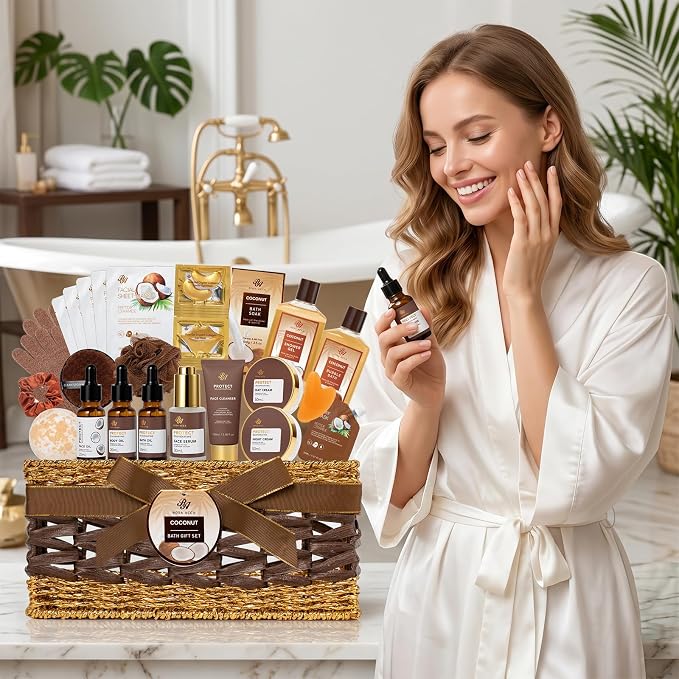 Gifts for Women & Men, 32 Pcs Coconut Vanilla Spa Gift Basket Set for Women & Men, Hydrating Face Skin Care Gift Kit, Bath & Body Gift Set, Self Care Pamper Basket, Birthday, Christmas, Anniversary