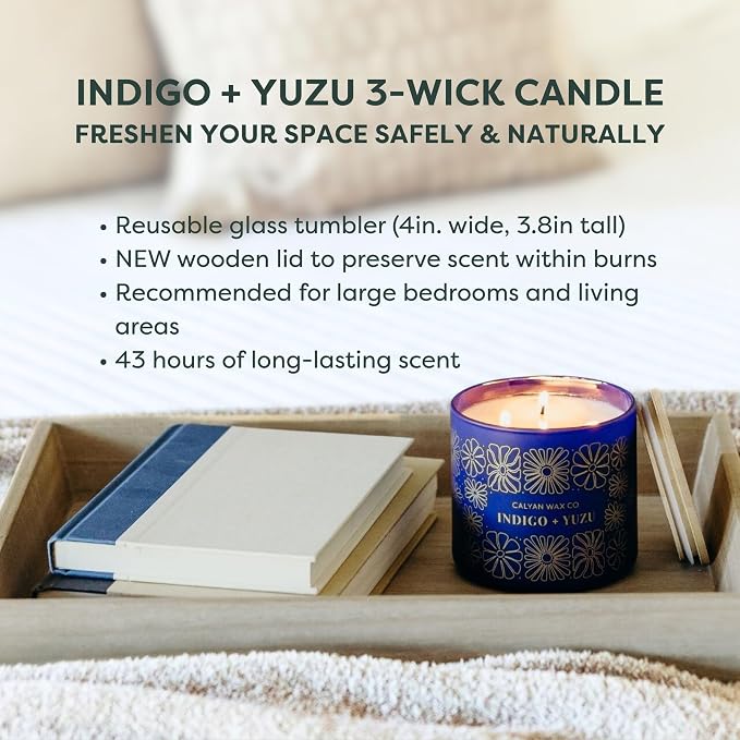 Calyan Wax Co. Indigo & Yuzu 3 Wick Scented Candle - 43 Hour Burn - Luxury 3 Wick Soy Candles - Clean Soy Wax Candles - Long Lasting Large Glass Jar Candle for Home - 14.9oz