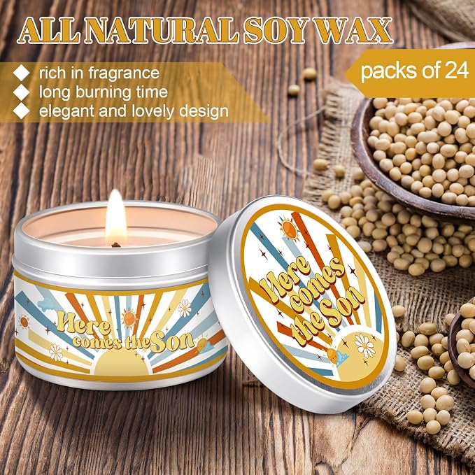MTLEE 24 Pcs Here Comes The Son Baby Shower Party Favors Candles Lavender Scented Baby Shower Favors for Guests Rustic Tealights Candles Gender Reveal Return Gifts (1.2 oz, Yellow)