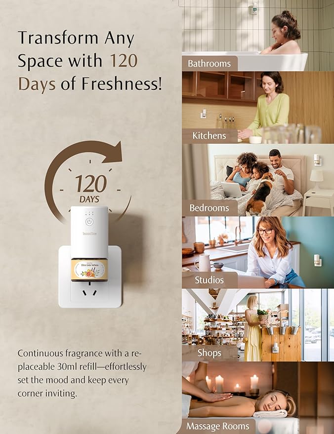 Plug-in Air Freshener for Home, Waterless Essential Oil Diffuser for Bedroom and Bathroom, Non-Toxic Formula for Pets and Nursery, 120 Days Runtime, Refillable Peace Rest(Oat Beige)
