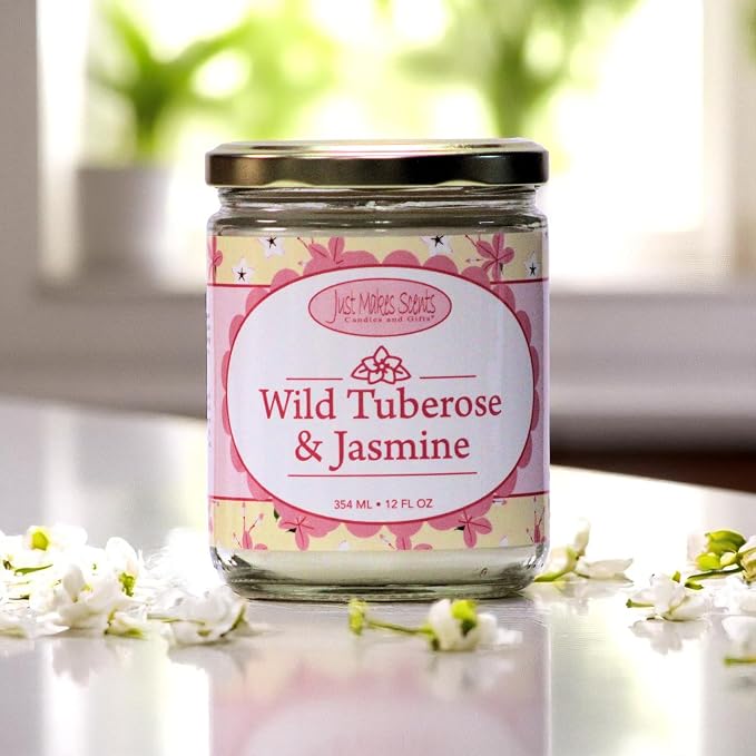 Wild Tuberose & Jasmine Scented Blended Soy Candle by Just Makes Scents (12 oz)