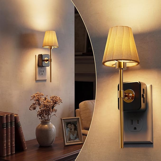 L LOHAS LED Night Lights Plug into Wall, Pleated Fabric Cover Night Light, Dusk to Dawn Sensor Vintage Nightlight, 0-100LM Dimmable, for Bedroom Living Room Hallway